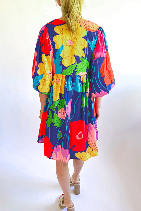 Floral Print Split Neck Babydoll Dress